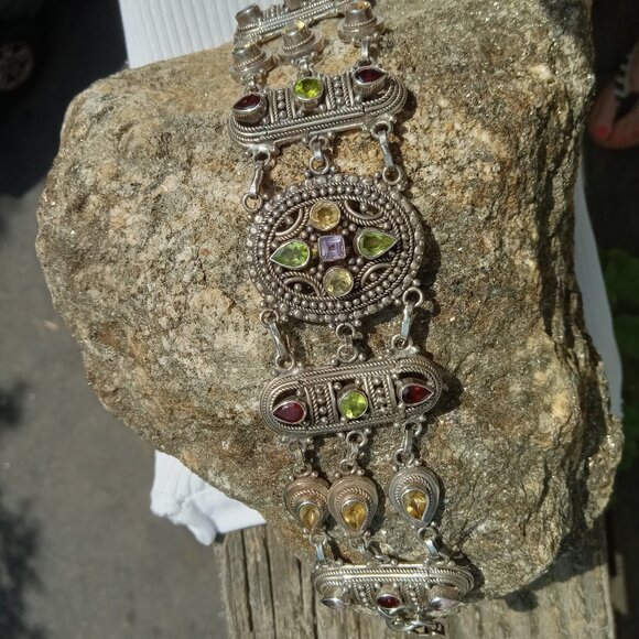 Mixed Gemstone 925 Silver Bracelet / Anklet - Picture 1 of 4